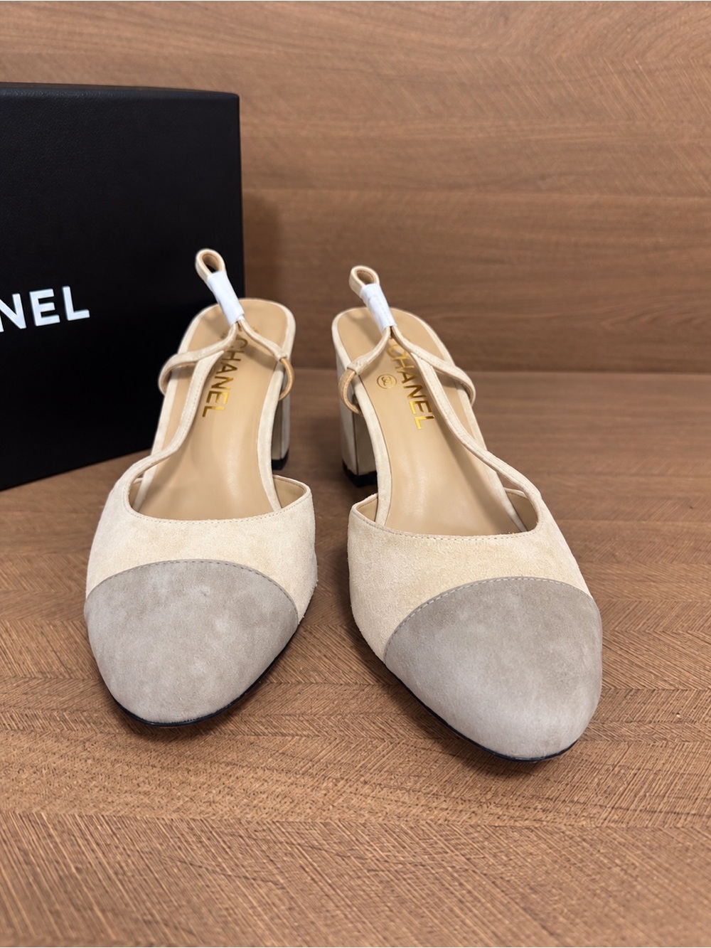 CHANEL Beige and Gray Suede Slingback Pumps
